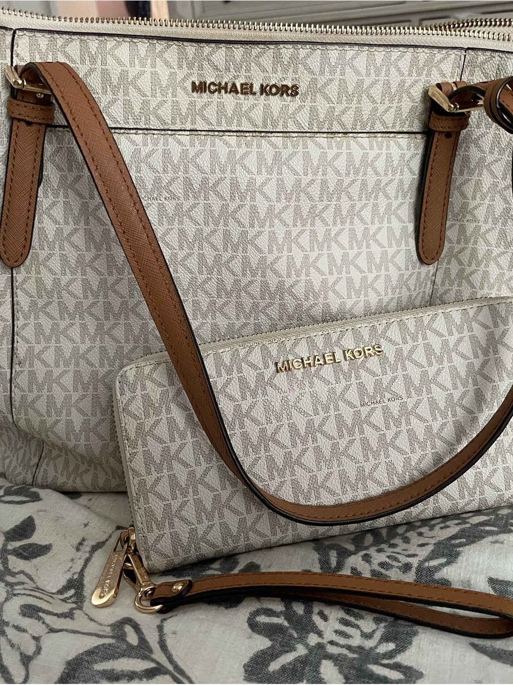 Michael Kors Cream Logo Tote with Brown Trim and Matching Wallet